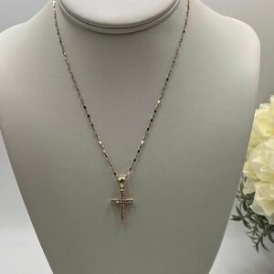 BA Yellow Gold 14K Diamond Cross Religious Flat Link Necklace 4.6 gr .75cctw
